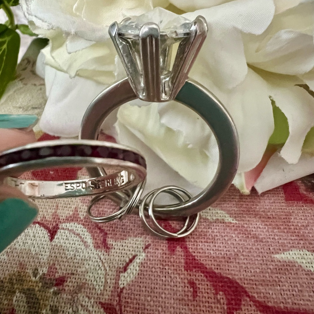 Espo Sterling Red Faceted Crystals Ring Size 7.75 & Faux Diamond Ring Keychain